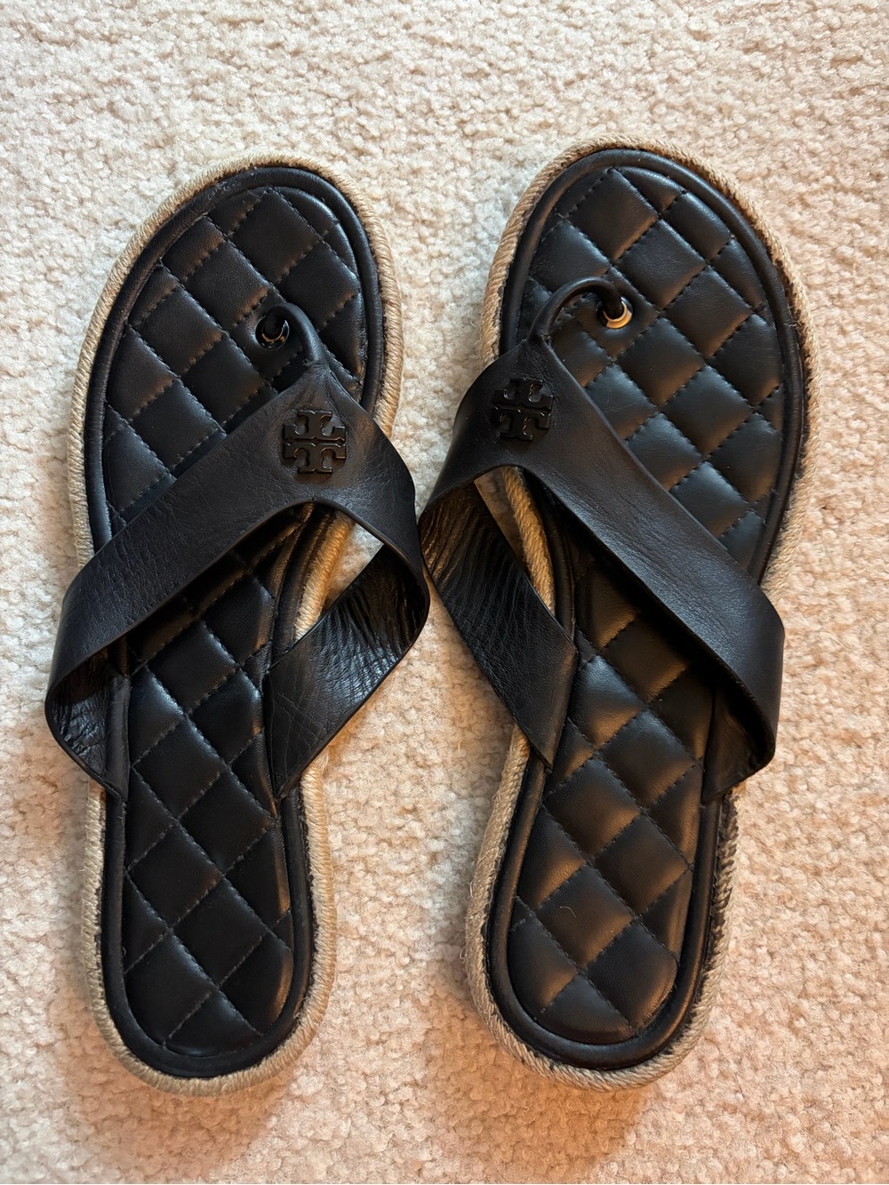 Tory Burch Quilted Leather Espadrille Sandals Black 10.5
